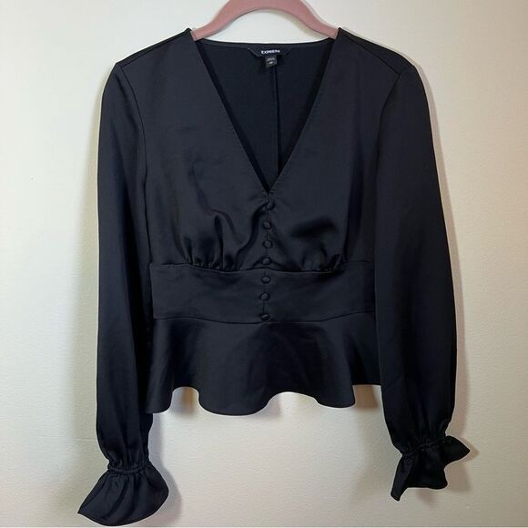 ✨ Express Women’s Black Satin Ruffle Top XS - Picture 1 of 11